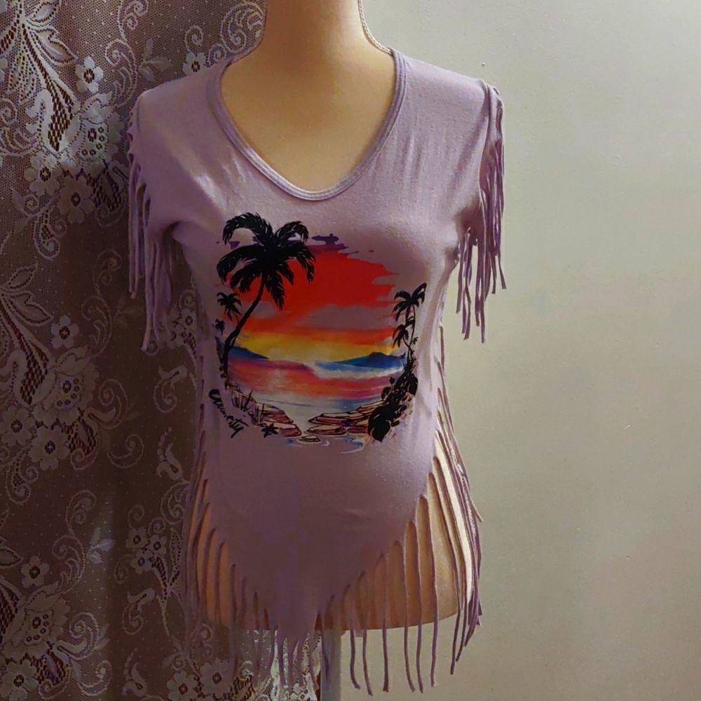 L'ourson‎ Ocean City Women's M lilac orange tropical crop top Fringe Hem Sleeve